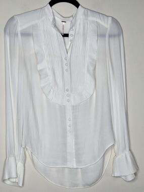 Free People Ivory Pleated Ruffle Button-Front Blouse